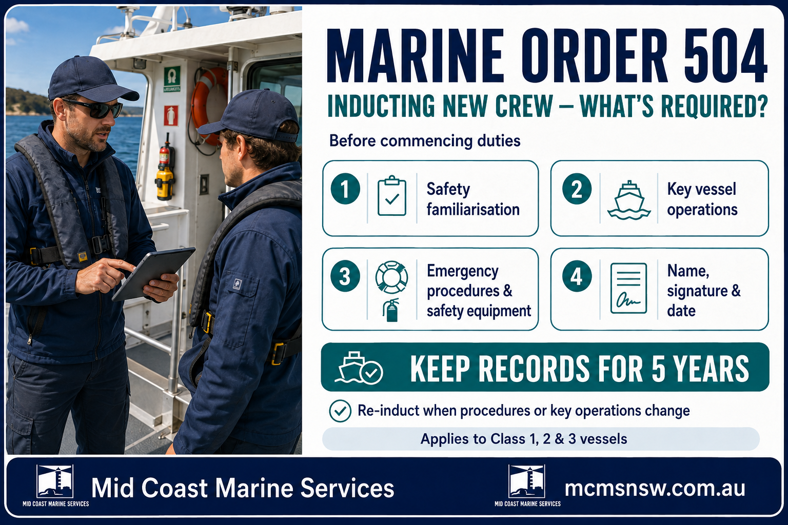 Marine Order 504 crew induction requirements before commencing duties