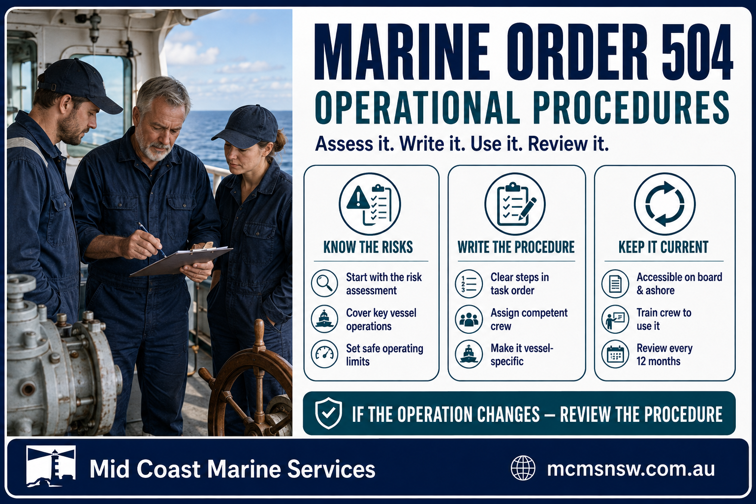 Marine Order 504 operational procedures checklist for domestic commercial vessels