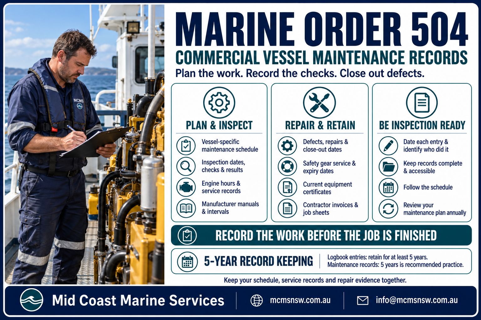Marine Order 504 commercial vessel maintenance records infographic