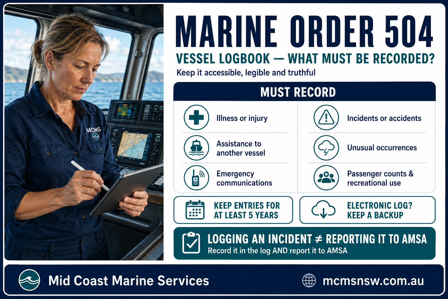 Marine Order 504 vessel logbook requirements infographic